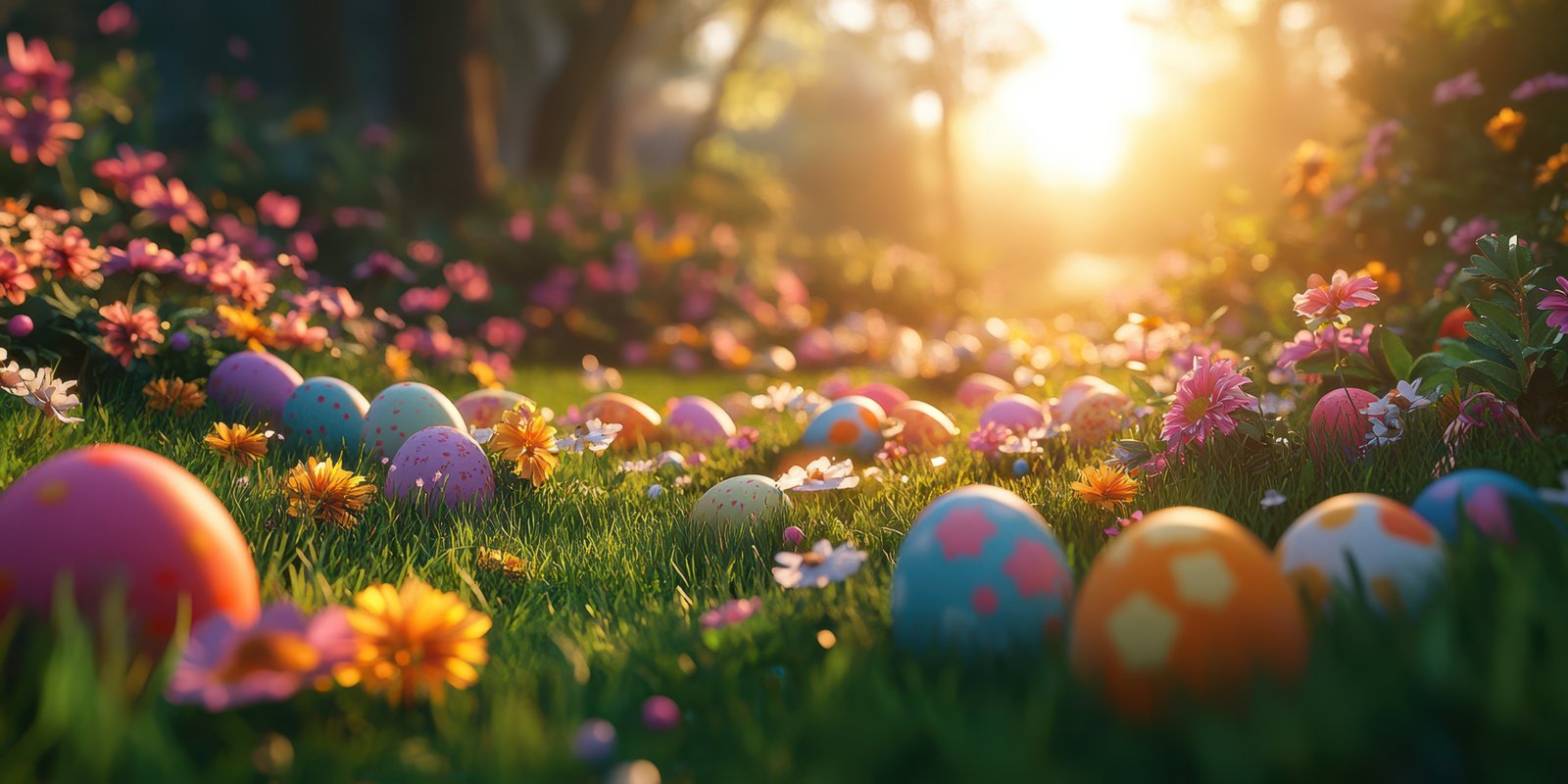 Colorful Easter eggs scattered among blooming flowers in a serene garden at sunset